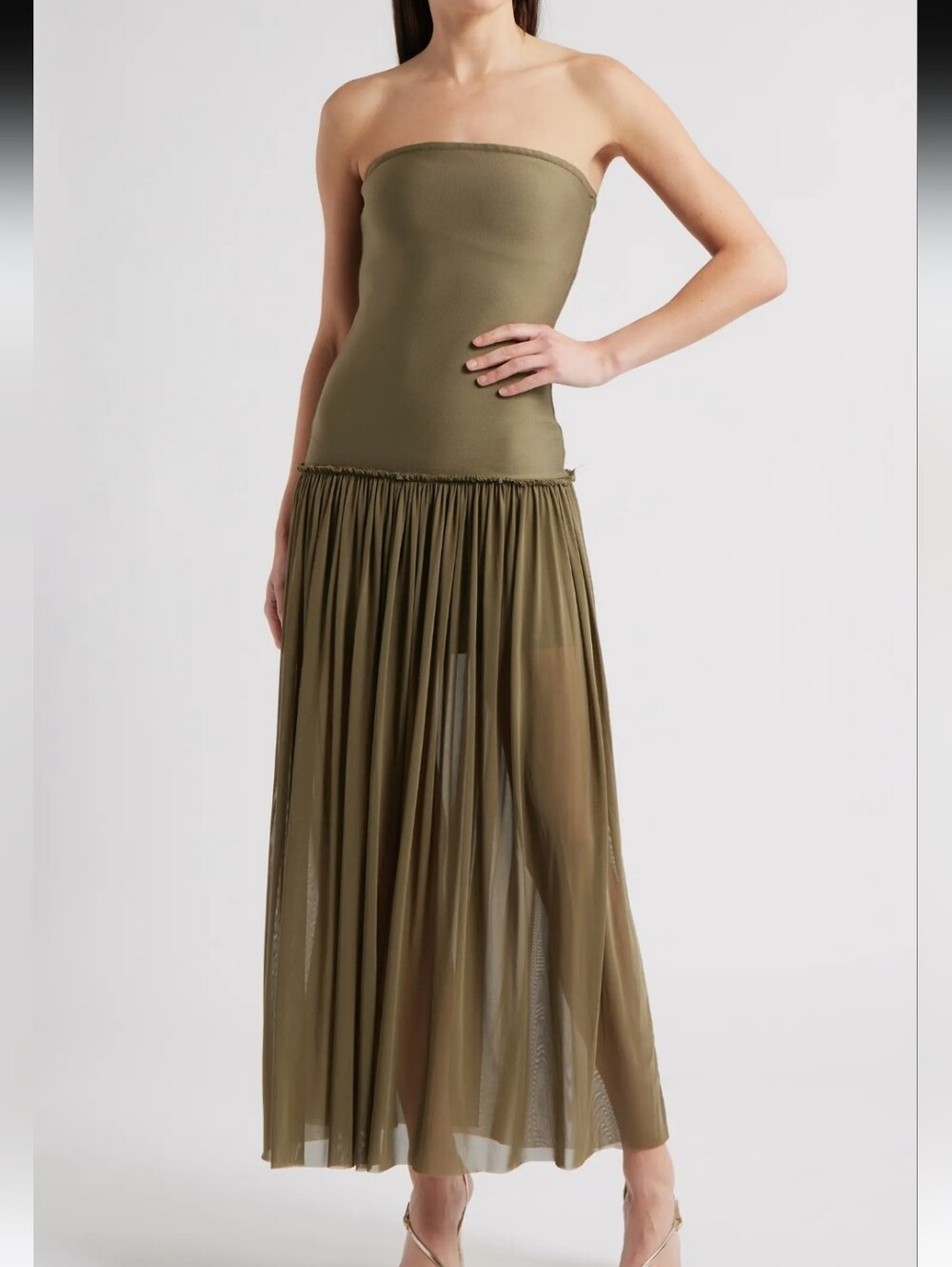 Rare London Limited Edition Olive Strapless Midi Dress Women Size 4 Used